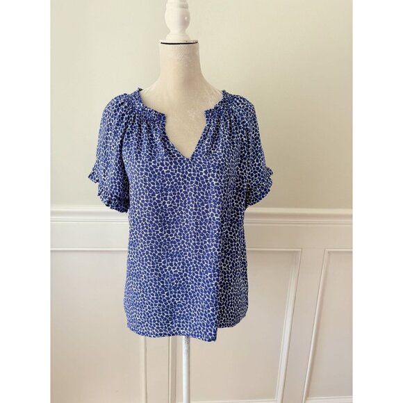 Blue & White Print Split Neck Short Sleeve Popover Blouse M - Picture 1 of 4